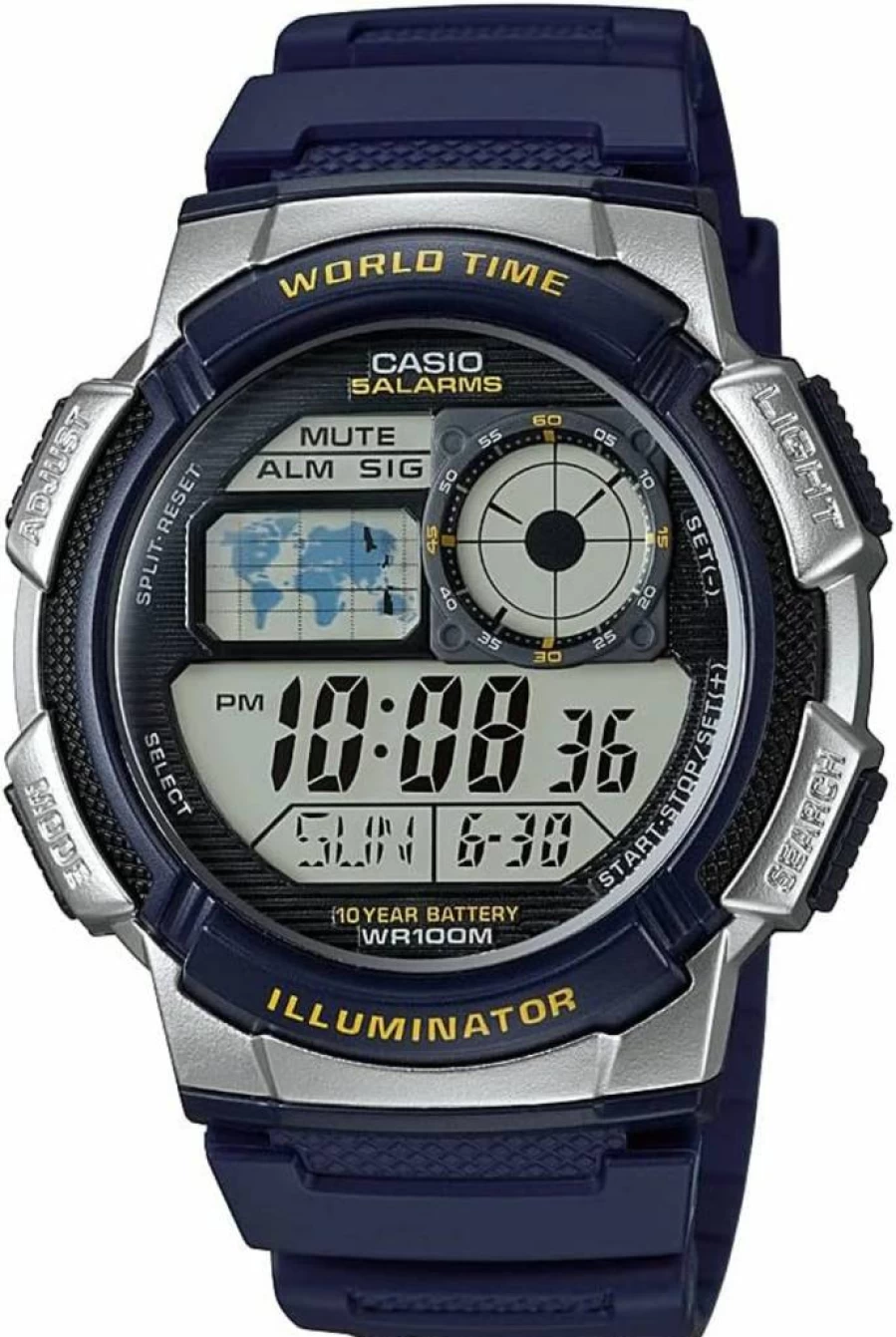 Casio AE-1000W Men's Digital Watch with 100M Water Resistance, Multi Alarms, Stopwatch, Countdown Timer, World Time, LED Light, 10-Year Battery