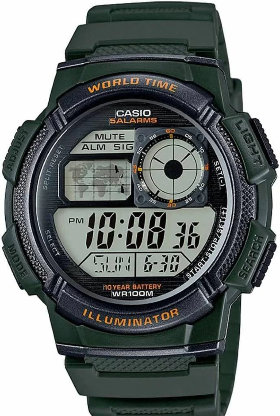 Casio AE-1000W Men's Digital Watch with 100M Water Resistance, Multi Alarms, Stopwatch, Countdown Timer, World Time, LED Light, 10-Year Battery