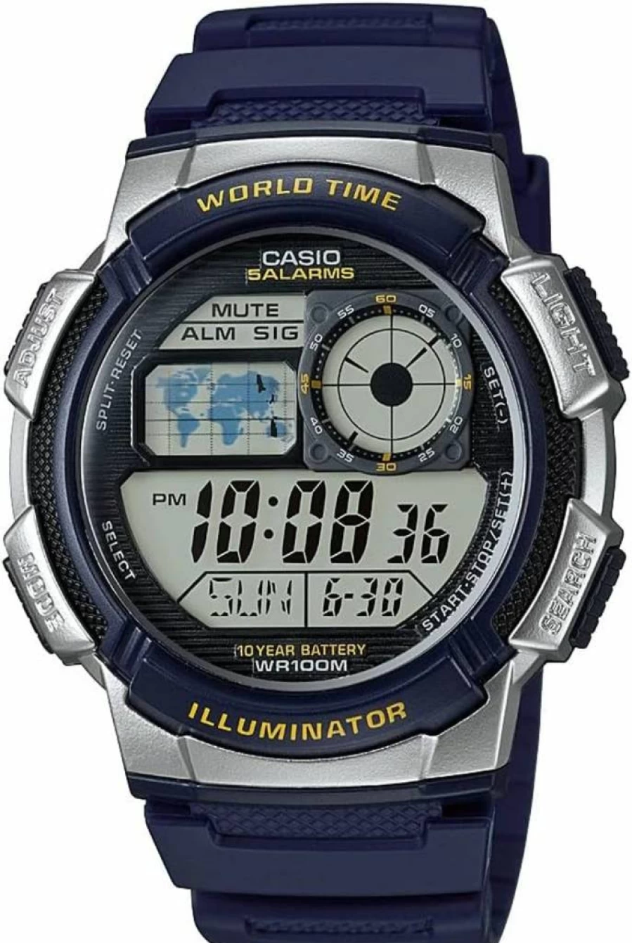Casio AE-1000W Men's Digital Watch with 100M Water Resistance, Multi Alarms, Stopwatch, Countdown Timer, World Time, LED Light, 10-Year Battery