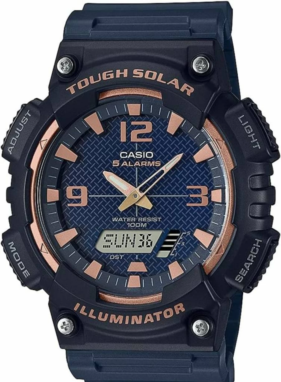 Casio AQS800W Solar-Powered Analog-Digital Watch with 100M Water Resistance, Stopwatch, Multi-Alarm, Countdown Timer, LED Light, and 6-Language Day Display