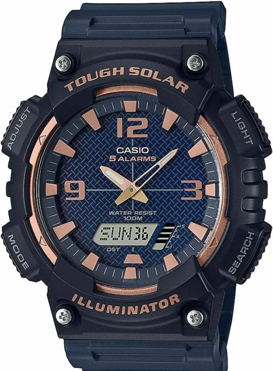 Casio AQS800W Solar-Powered Analog-Digital Watch with 100M Water Resistance, Stopwatch, Multi Alarm, Countdown Timer, LED Light, and 6-Language Day Display