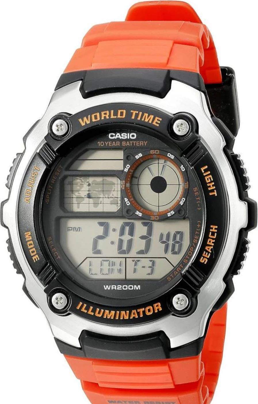 Casio AE-2100W-4AVCF Men's Digital Quartz Watch with 10-Year Battery, Orange Display
