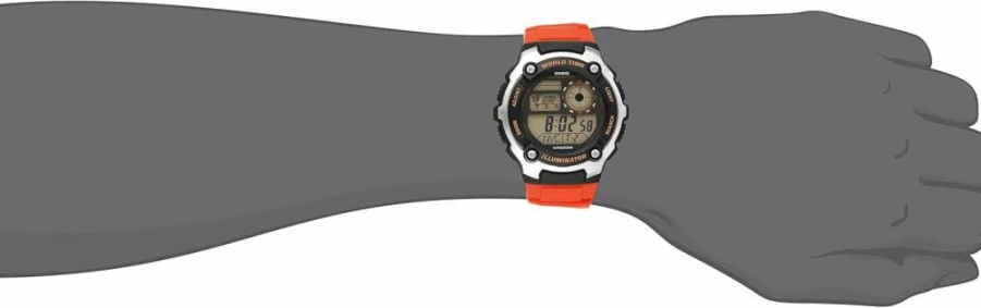 Casio AE-2100W-4AVCF Men's Digital Quartz Watch with 10-Year Battery, Orange Display