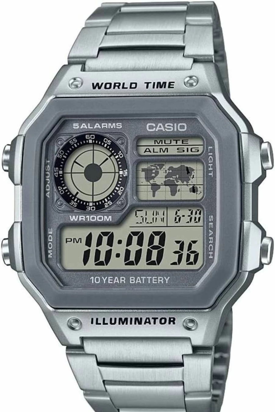 Casio AE1200WH Men's Digital Watch with World Time, 100M Water Resistance, Multi Alarms, Stopwatch, Countdown Timer, LED Light, 10-Year Battery