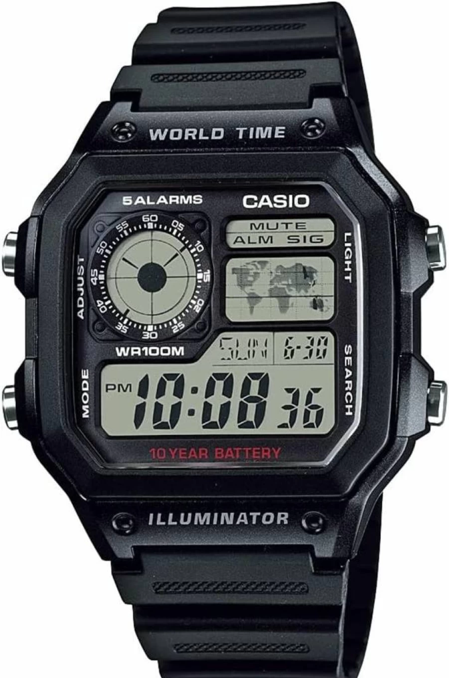 Casio AE1200WH Men's Digital Watch with World Time, 100M Water Resistance, Multi Alarms, Stopwatch, Countdown Timer, LED Light, 10-Year Battery