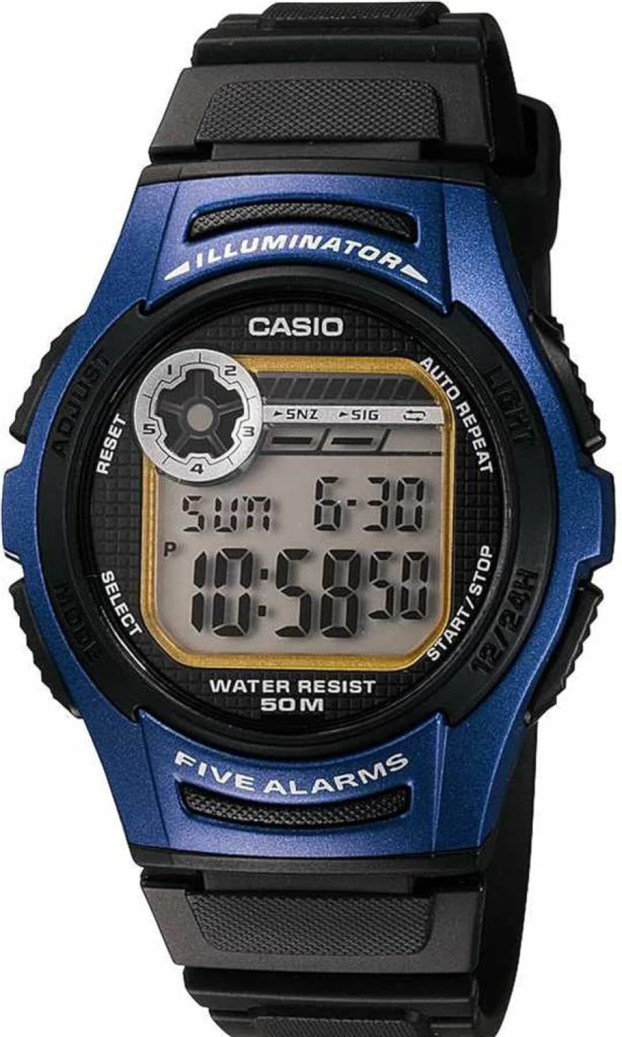 Casio W213-2AVCF Men's Digital Watch with Blue and Black Display - Water Resistant, Alarm, Stopwatch