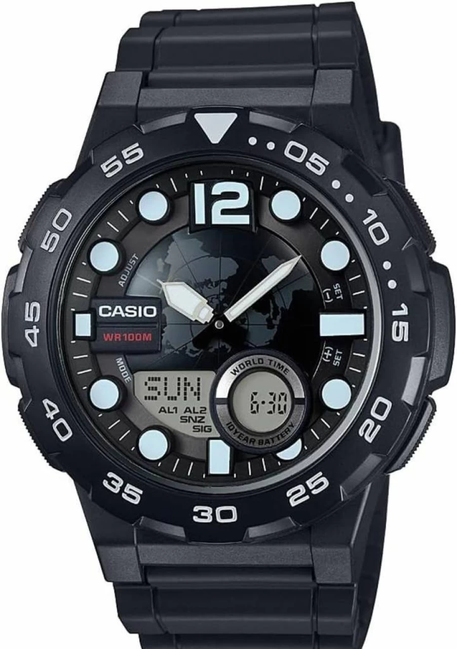 Casio AEQ100W-1AV Men's Analog-Digital Quartz Watch with 3D Dial - Black Stainless Steel
