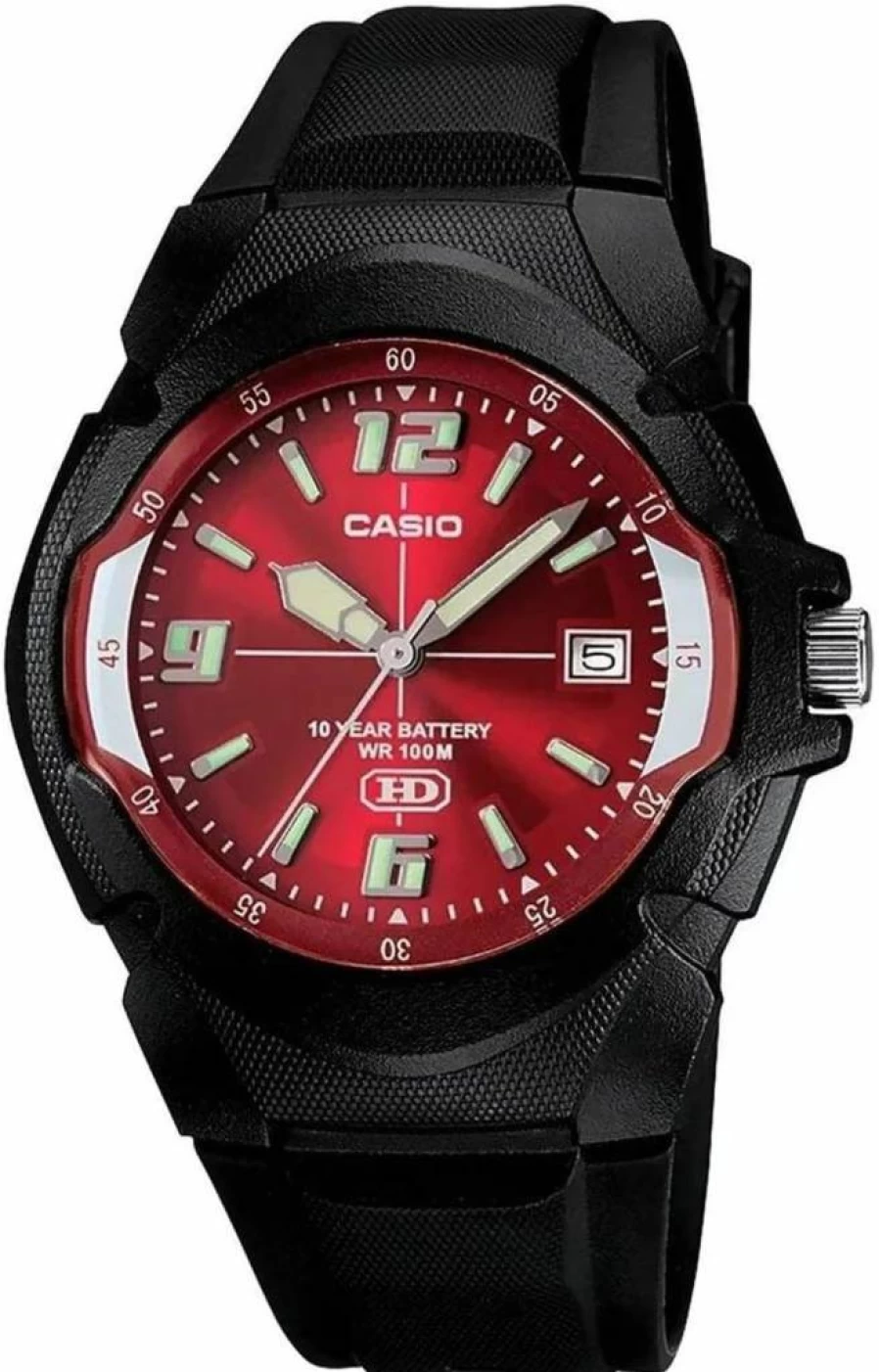 Casio MW-600F Men's Analog Watch with 100M Water Resistance, Date Display, Resin Case & Band, 10-Year Battery, Spherical Glass