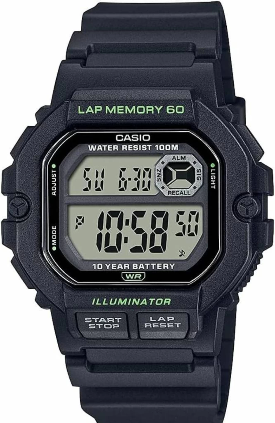 Casio WS1300H Digital Watch with 100M Water Resistance, LED Backlight, Stopwatch, Tide Graph, Countdown Timer, Multi-Function Alarms, and 10-Year Battery