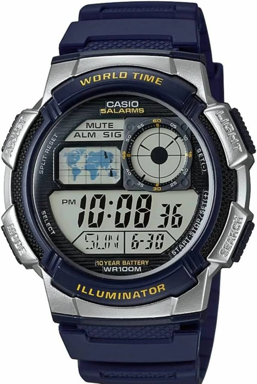 Casio AE-1000W Men's Digital Watch with 100M Water Resistance, Multi Alarms, Stopwatch, Countdown Timer, World Time, LED Light, and 10-Year Battery
