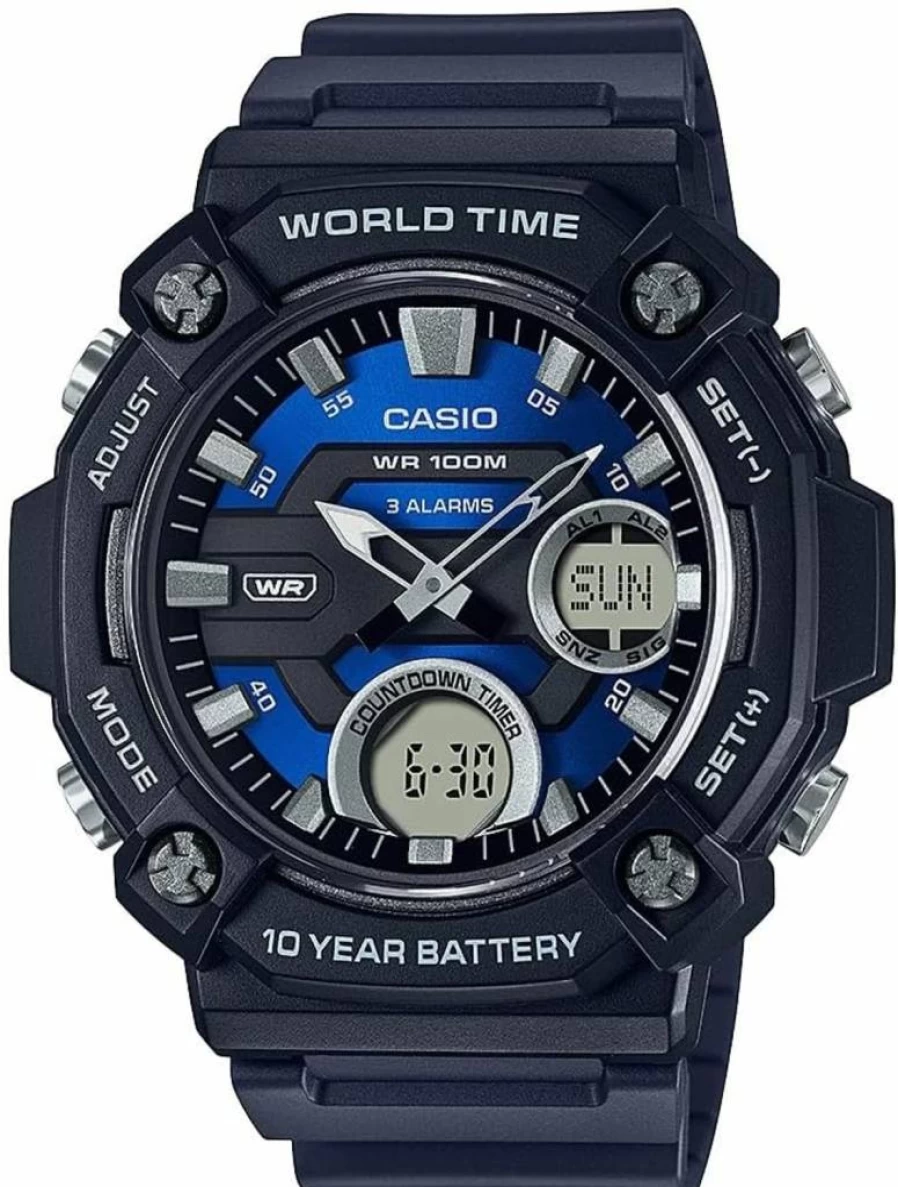 Casio AEQ120W Men's Analog-Digital Watch with 100M Water Resistance, Multi Alarms, Stopwatch, Countdown Timer, World Time, LED Light, LCD Display, 10-Year Battery