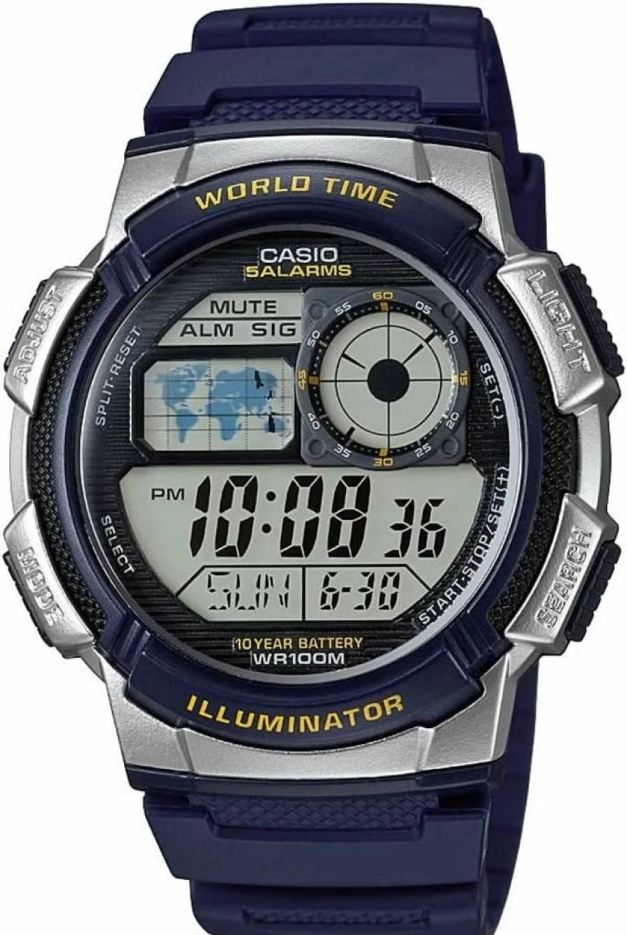 Casio AE-1000W Men's Digital Watch with 100M Water Resistance, Multi Alarms, Stopwatch, Countdown Timer, World Time, LED Light, 10-Year Battery