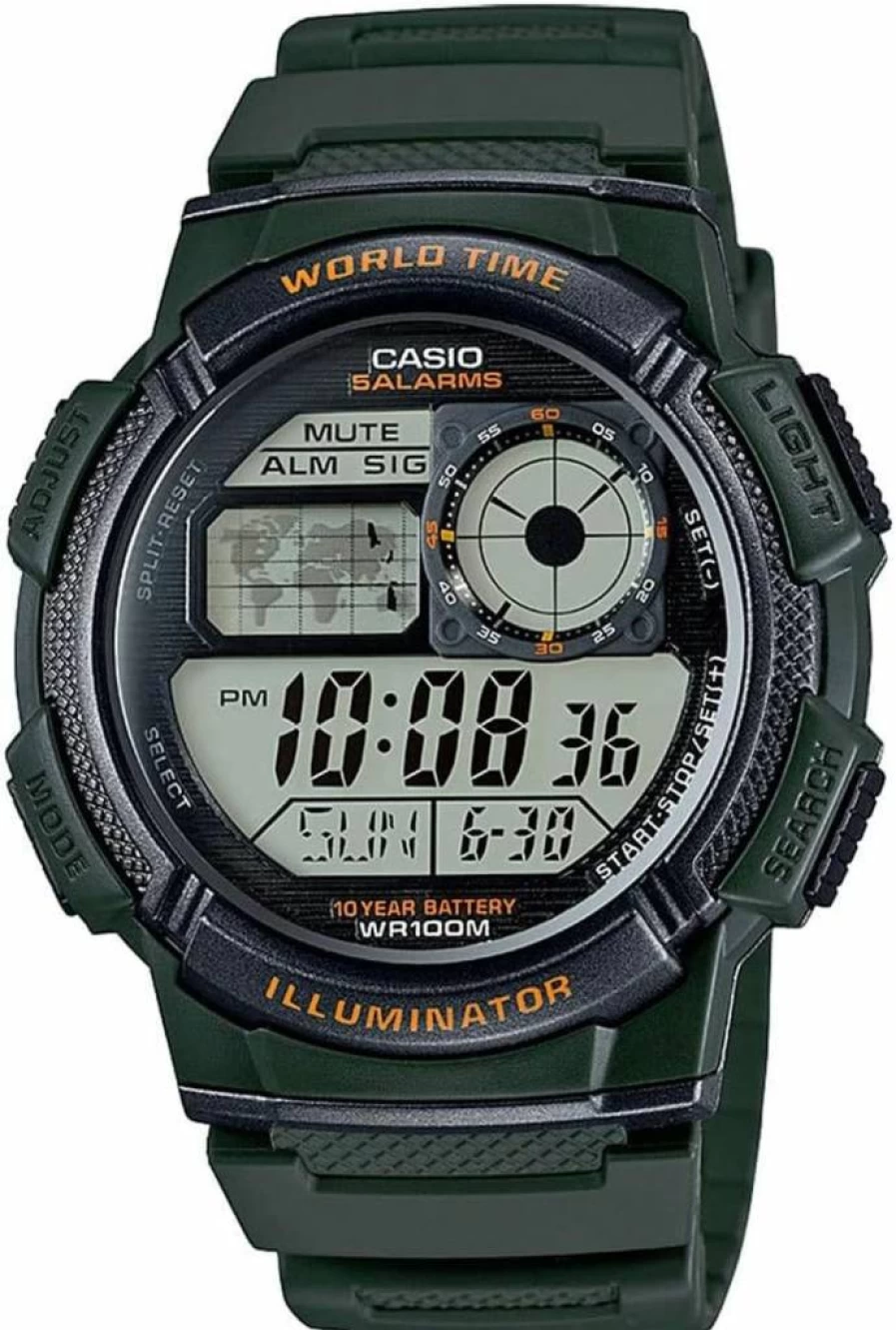 Casio AE-1000W Men's Digital Watch with 100M Water Resistance, Multi Alarms, Stopwatch, Countdown Timer, World Time, LED Light, 10-Year Battery