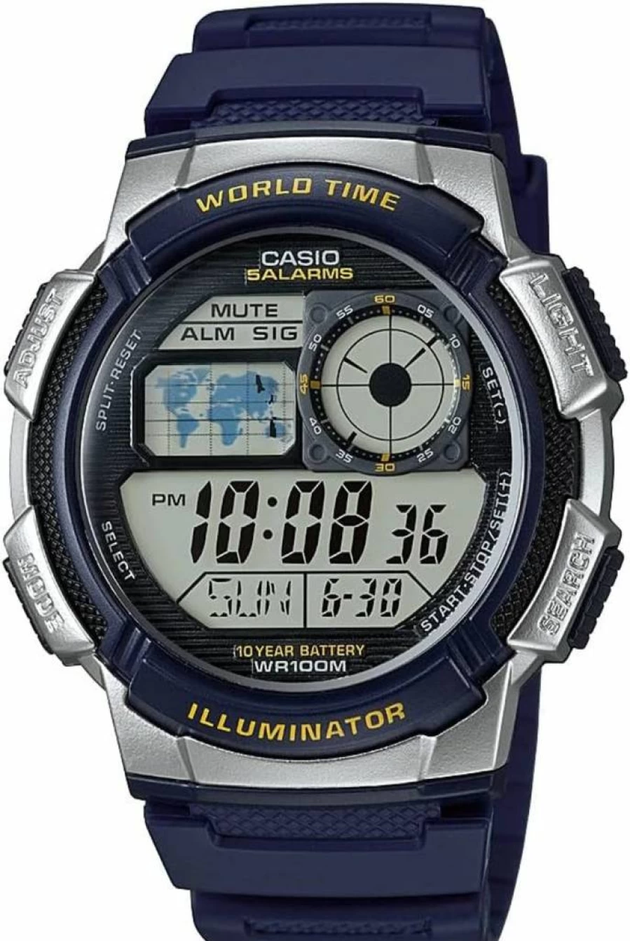Casio AE-1000W Men's Digital Watch with 100M Water Resistance, Multi Alarms, Stopwatch, Countdown Timer, World Time, LED Light, 10-Year Battery