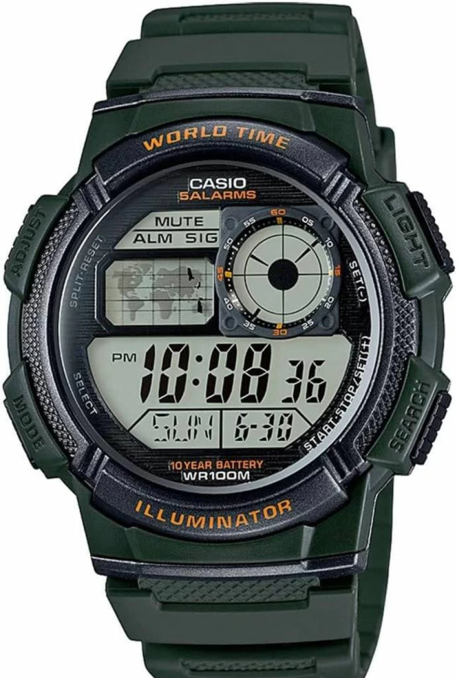 Casio AE-1000W Men's Digital Watch with 100M Water Resistance, Multi Alarms, Stopwatch, Countdown Timer, World Time, LED Light, 10-Year Battery