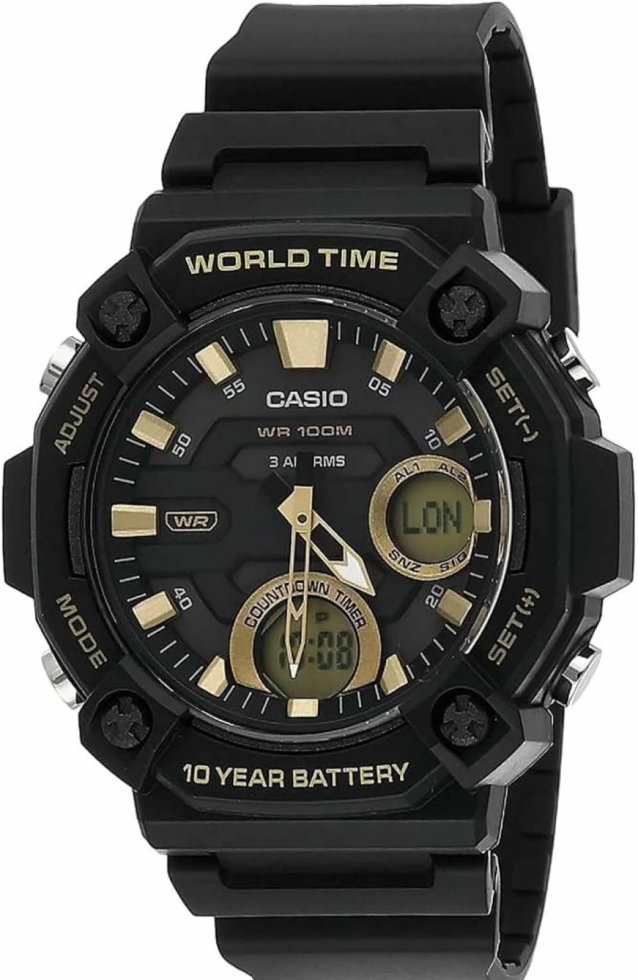 Casio AEQ120W Men's Analog-Digital Watch with 100M Water Resistance, Multi Alarms, Stopwatch, Countdown Timer, World Time, LED Light & 10-Year Battery
