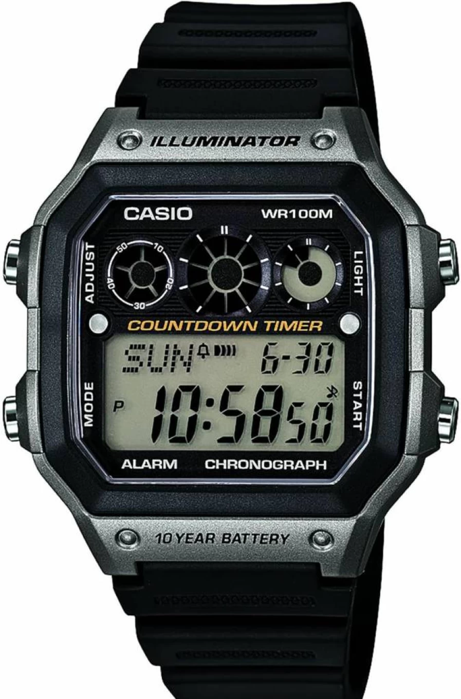 Casio AE-1300WH Digital Watch for Men - Black Stainless Steel with Stopwatch, 9 Timers, LED Light, 100M Water Resistance, Multi Alarm, World Time, Calendar, 10-Year Battery