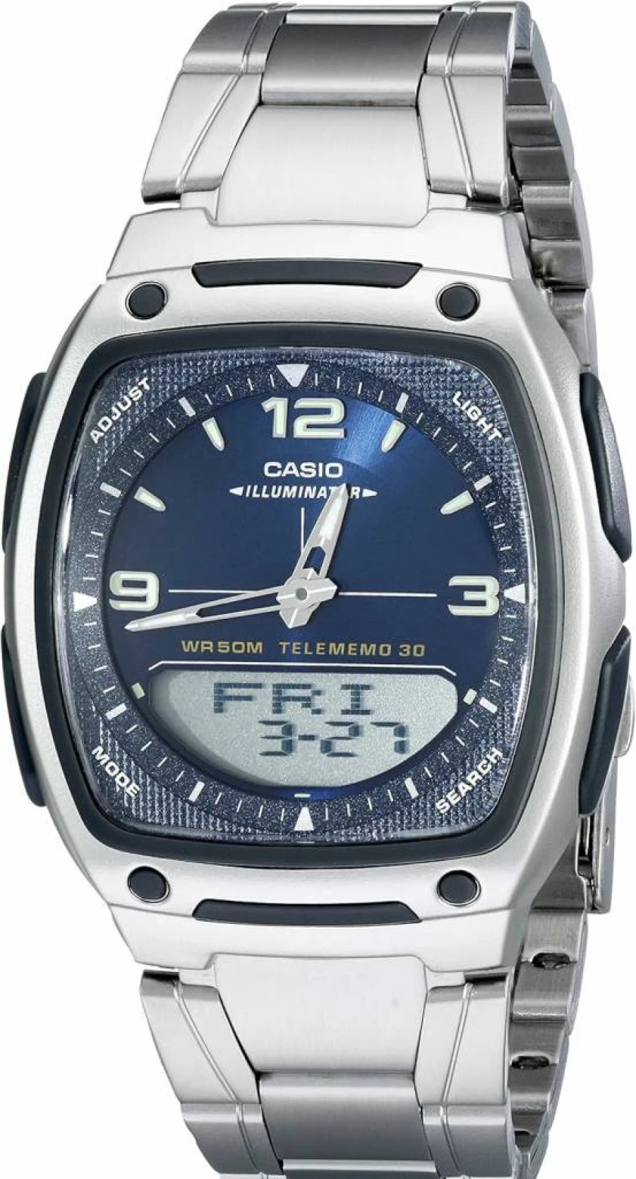 Casio AW-81D Men's Analog-Digital Watch with Stopwatch, Countdown Timer, World Time, LED Light, Multi Alarm, Calendar & 10-Year Battery - Silver Stainless Steel, 50M Water Resistant